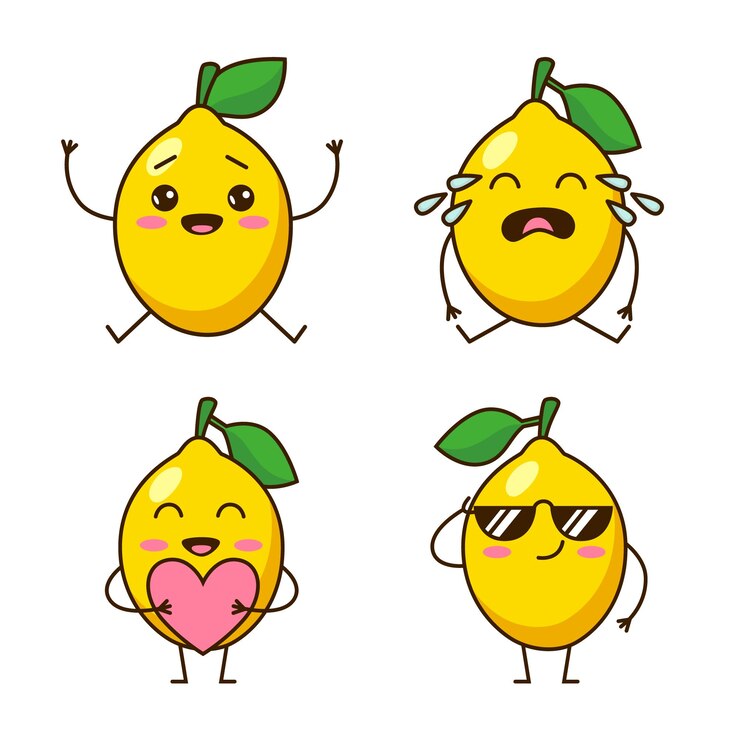 मुफ़्त वेक्टर set of cute handdrawn lemons smiling crying holding heart wearing sunglasses