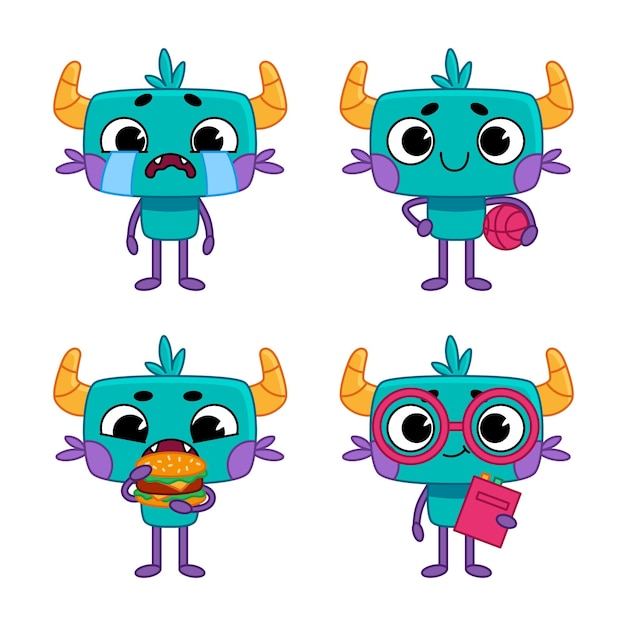 Free vector set of cute handdrawn little monsters crying holding ball eating burger wearing glasses