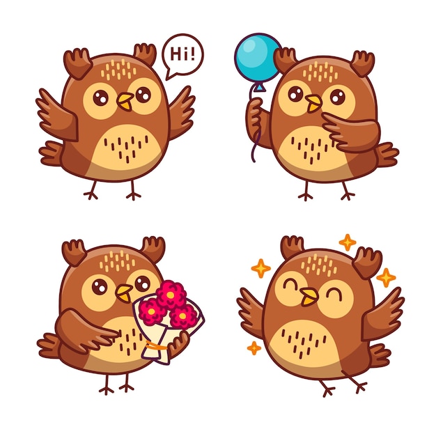 Free vector set of cute handdrawn little owls saying hi holding balloon flower bouquet flying with joy