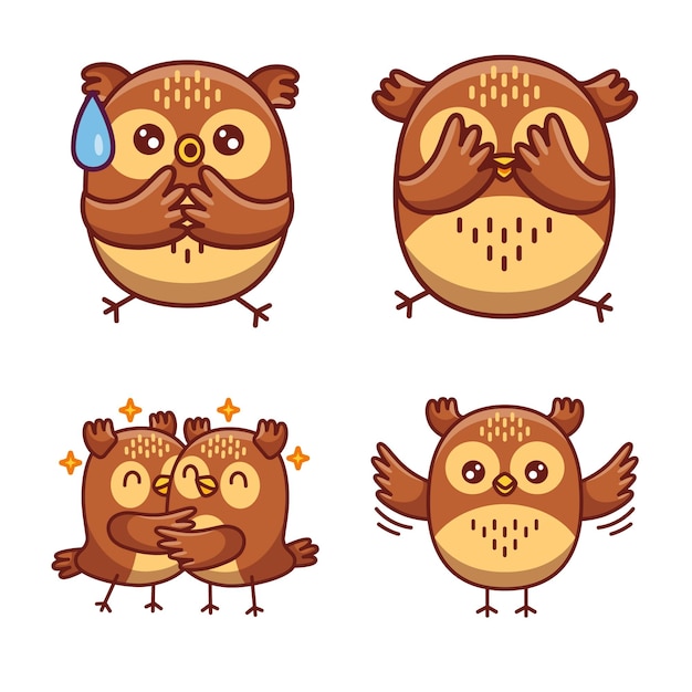 Set of cute handdrawn little owls with embarrassed expression covering eyes hugging flying