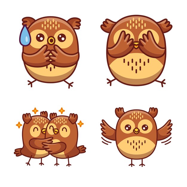 Set of cute handdrawn little owls with embarrassed expression covering eyes hugging flying