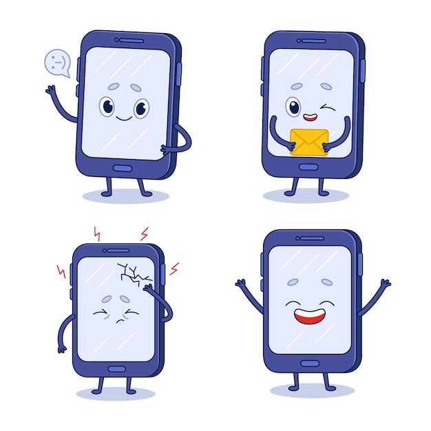 Set of cute handdrawn mobile phones sending emodji holding letter breaking screen laughing