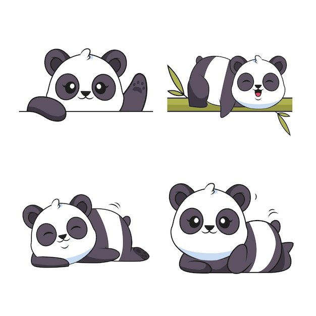 Set of cute handdrawn pandas waving paw lying on bamboo tree sleeping and resting
