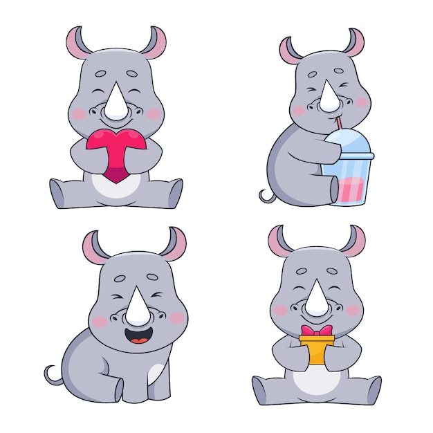 Free vector set of cute handdrawn rhinoceroses holding heart drinking cocktail smiling holding gift box
