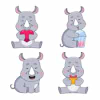 Free vector set of cute handdrawn rhinoceroses holding heart drinking cocktail smiling holding gift box