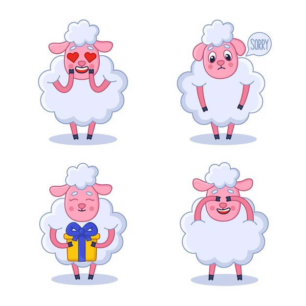 Set of cute handdrawn sheep feeling love sorry holding gift box covering eyes