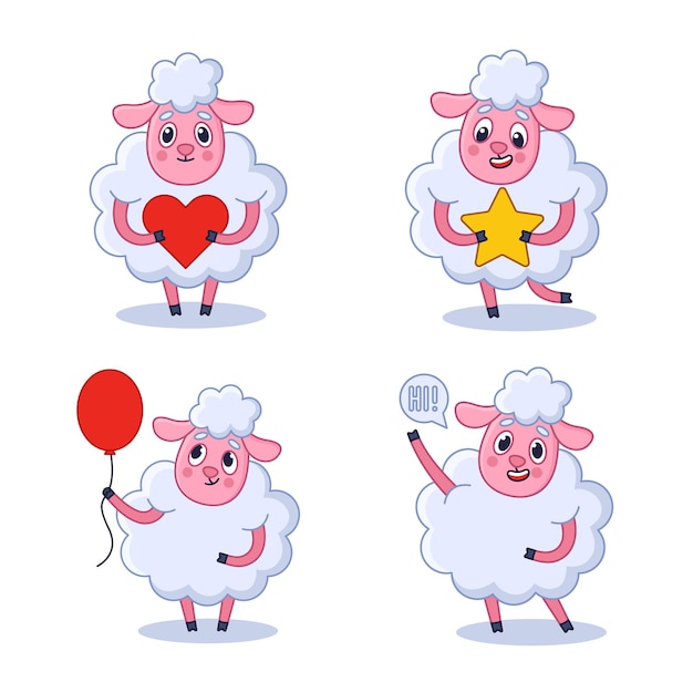 Set of cute handdrawn sheep holding heart star balloon saying hi