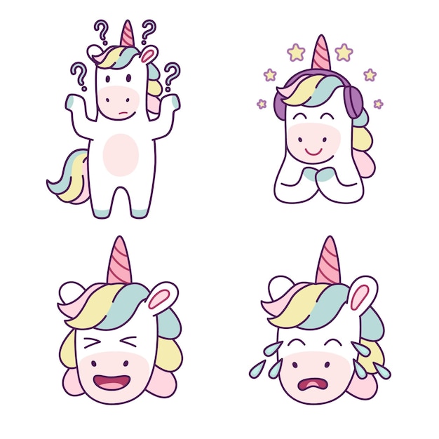 Free vector set of cute handdrawn unicorns asking questions listening to music laughing crying