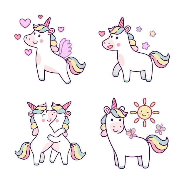 Set of cute handdrawn unicorns feeling love embracing walking with butterflies