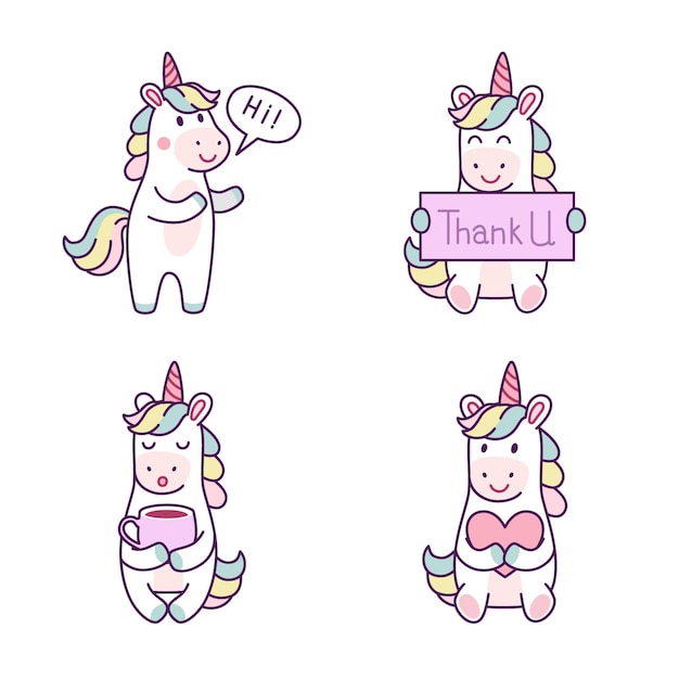 Set of cute handdrawn unicorns saying hi and thank you holding coffee cup and heart