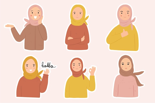Set of cute hijab girl sticker with various expression