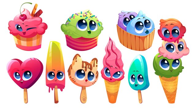 Set of cute ice cream kawaii characters, delicacy