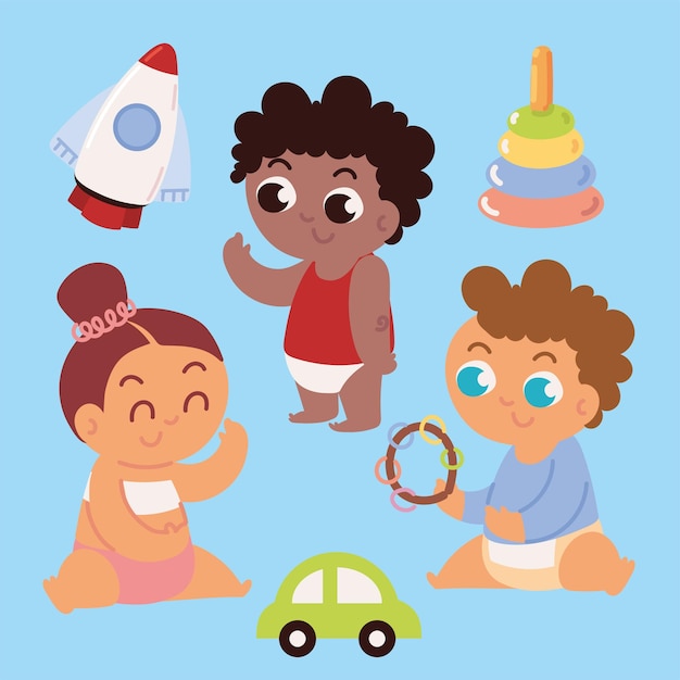 Free vector set of cute little kids with toys