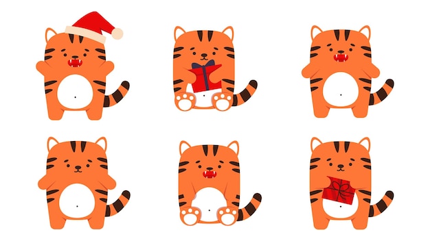 Set of cute little tigers cats in a flat style. animal symbol for chinese new year 2022. an angry sullen orange tiger stands and sits with a fish. for a banner, childrens decor. vector illustration.
