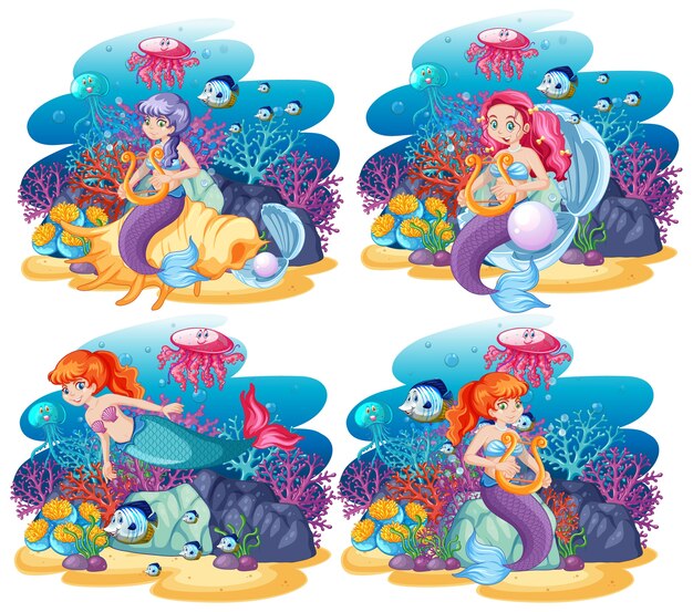 Набор милой русалки с животной морской тематикой сцены мультяшном стиле