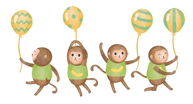 Set of cute monkey with balloon in various gesture watercolor painting