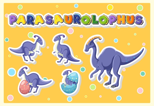 Set of cute parasaurolophus dinosaur cartoon characters