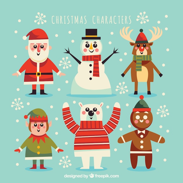 Set of cute retro christmas characters Free Vector