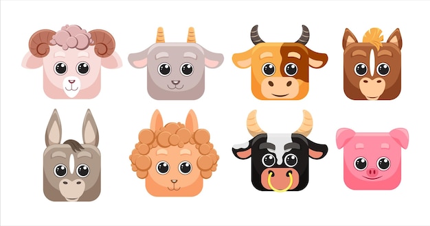 Set of cute square animals ui home farm vector zoo stickers in cartoon flat style isolated
