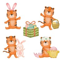 Set of cute tiger rabbit and chick with beautiful easter eggs on happy easter holiday in cartoon style for graphic designer vector illustration