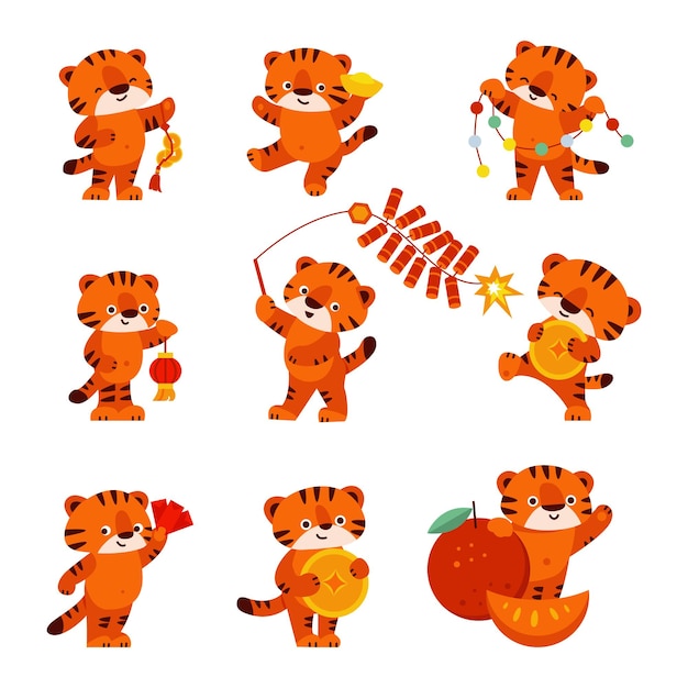 Set of cute tigers happy chinese new year isolated on a white background