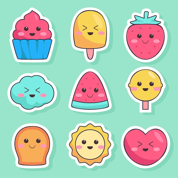 Free Vector  Set of cute trendy vintage sticker fashion badges with sweets  desserts and candies various shape in cartoon style vector illustration