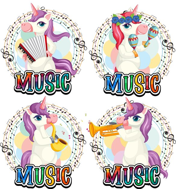 Set cute unicorn playing musical instruments with music notes on