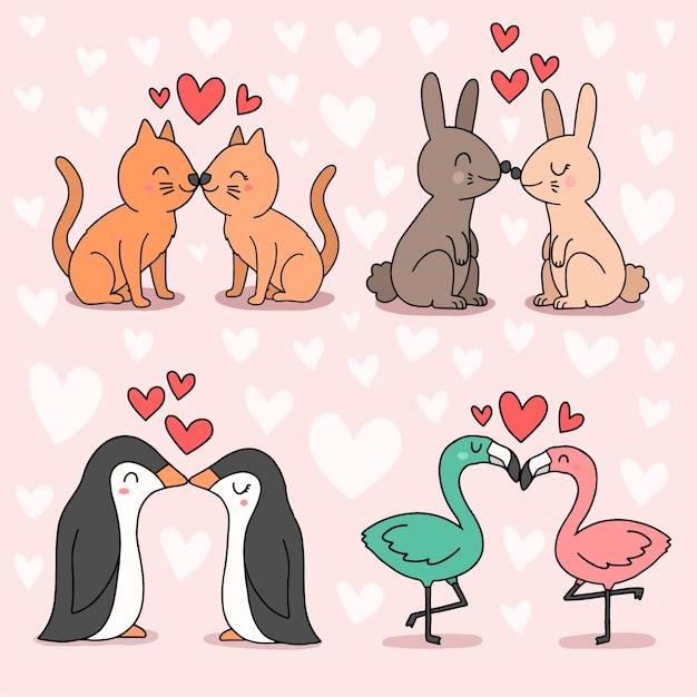 Free vector set of cute valentine's day animal couple