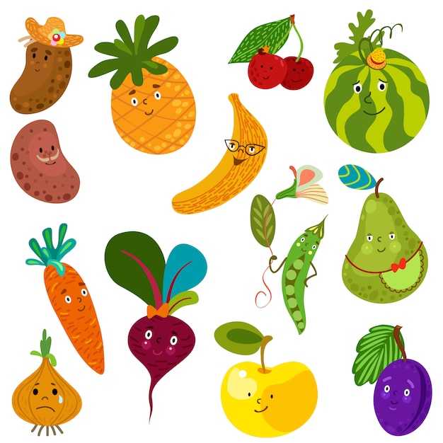 Free vector set of cute vegetables and fruits.