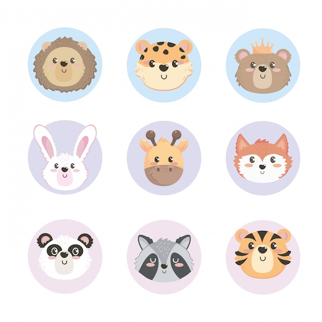 Set of cute wild animals heads