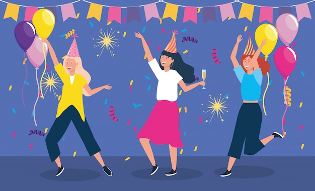 Set of cute women dancing with party hat