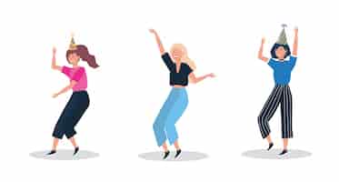 Free vector set of cute women dancing with party hat