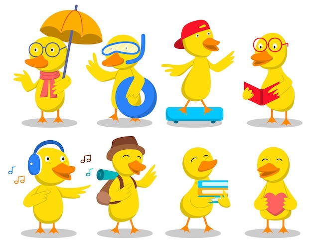 Набор милой желтой утки на тему летней активности с мультипликационным персонажем, векторная иллюстрация