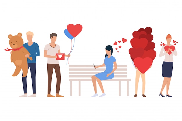 Free vector set of dating people. men and women holding heart