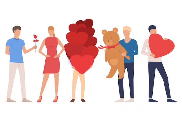 Set of dating people. men and women holding teddy bear