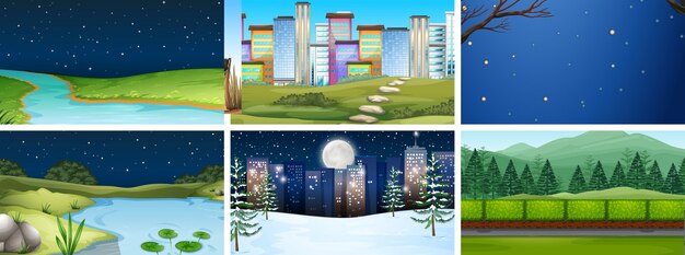 Set of day and night nature and city scenes or background