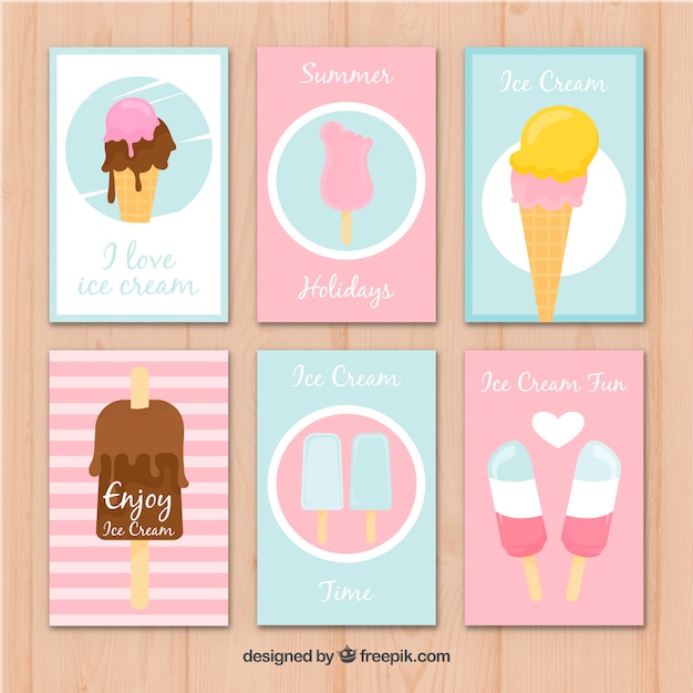 Free vector set of decorative cards with ice creams in pastel colors