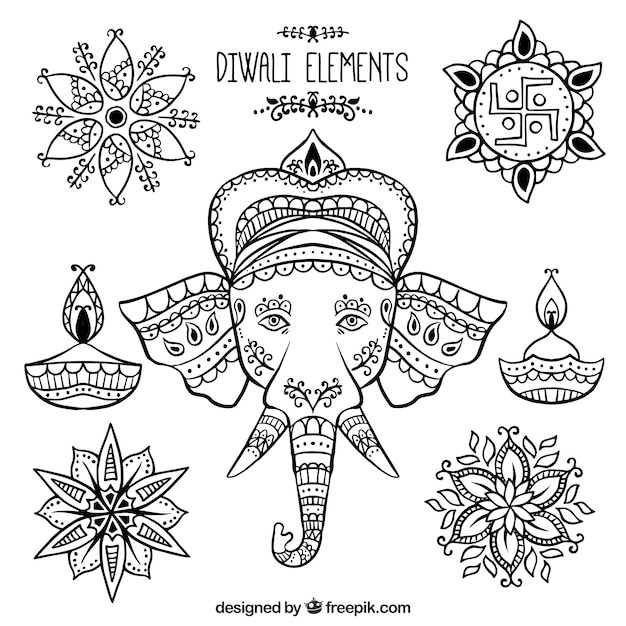 Set of decorative diwali and ganpati elements 