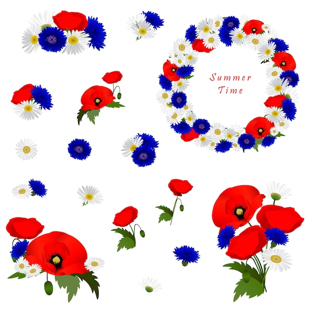 Free vector set of decorative elements with flowers chamomile, poppies and cornflowers