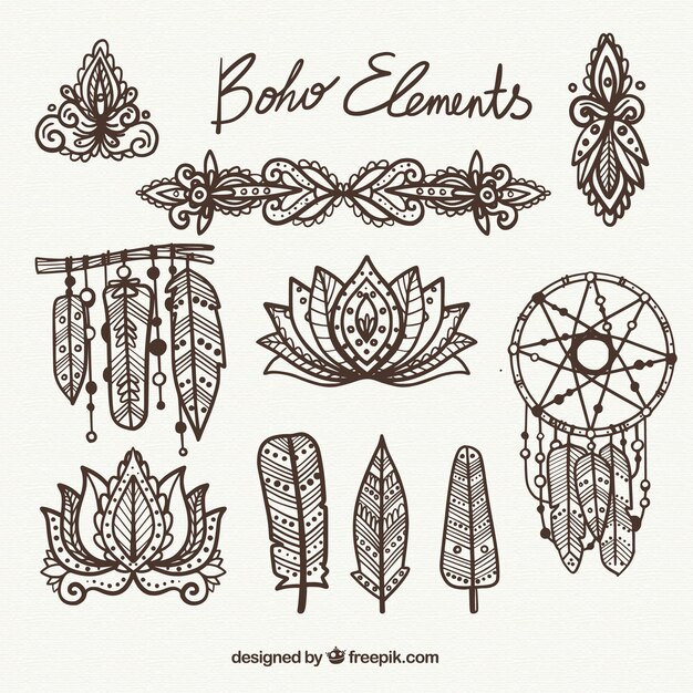 Set of decorative ethnic items in hand-drawn style