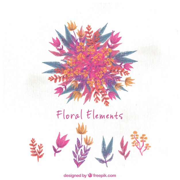 Set of decorative floral watercolor elements