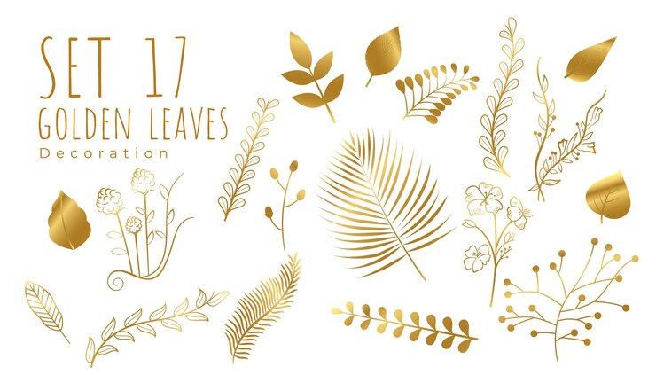 Free Vector set of decorative tropical golden leaves template in white background