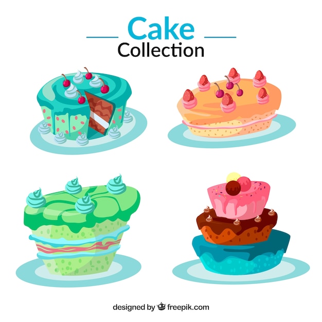 Set of delicious cake in flat style