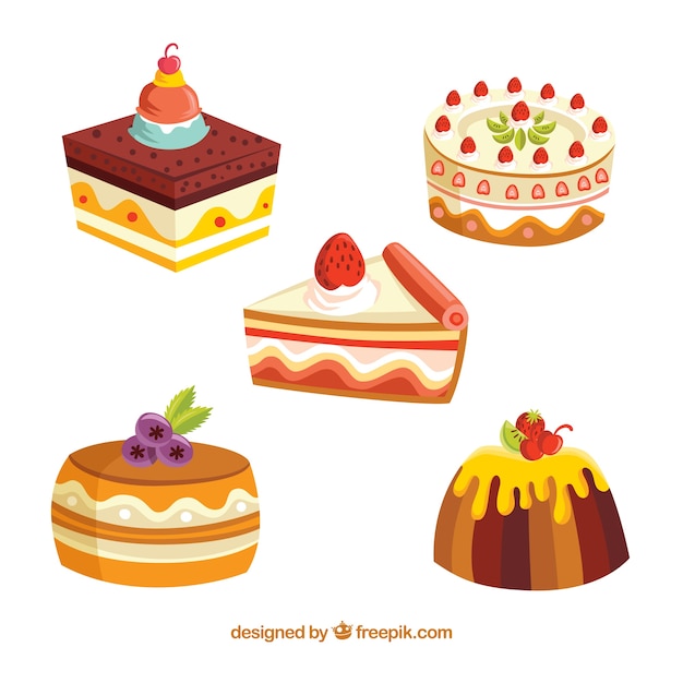 2D 스타일의 맛있는 케이크 세트