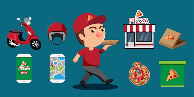 Set of delivery with pizza or fastfood in cartoon style for graphic designer vector illustration