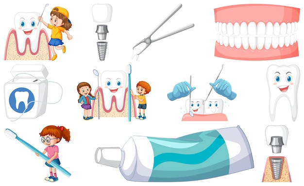 Set of dental equipments and cartoon characters