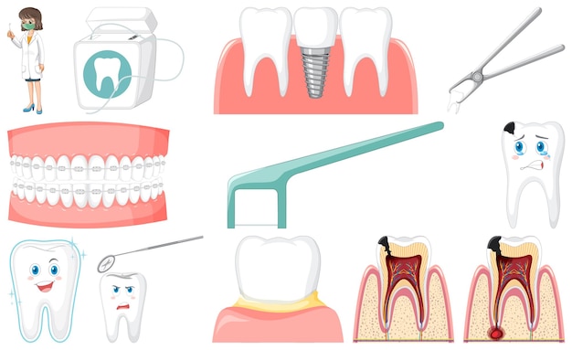 Vettore gratuito set di apparecchiature dentali e personaggi dei cartoni animati