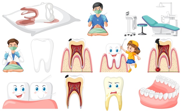 Free vector set of dental equipments and cartoon characters