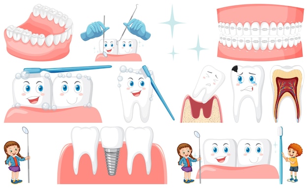 Free vector set of dental equipments and cartoon characters