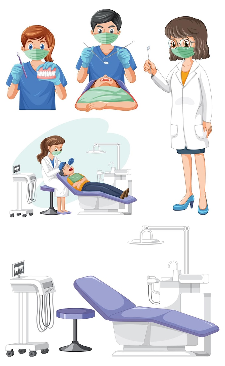 Free Vector set of dentist instruments examining patient teeth